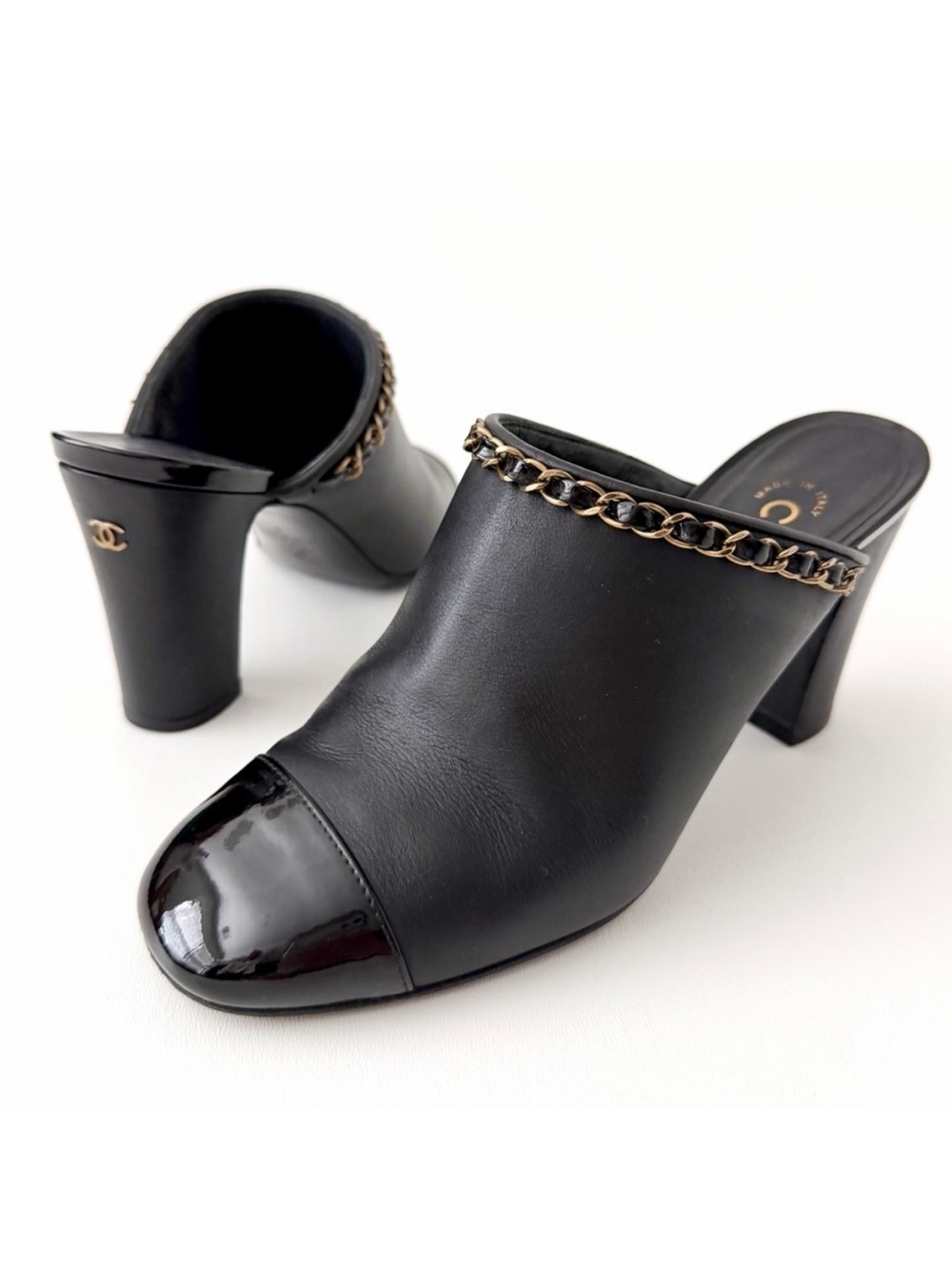 CHANEL | Cap Toe Chain Trim Mule Heels CC Logo Black Calfskin EU 37